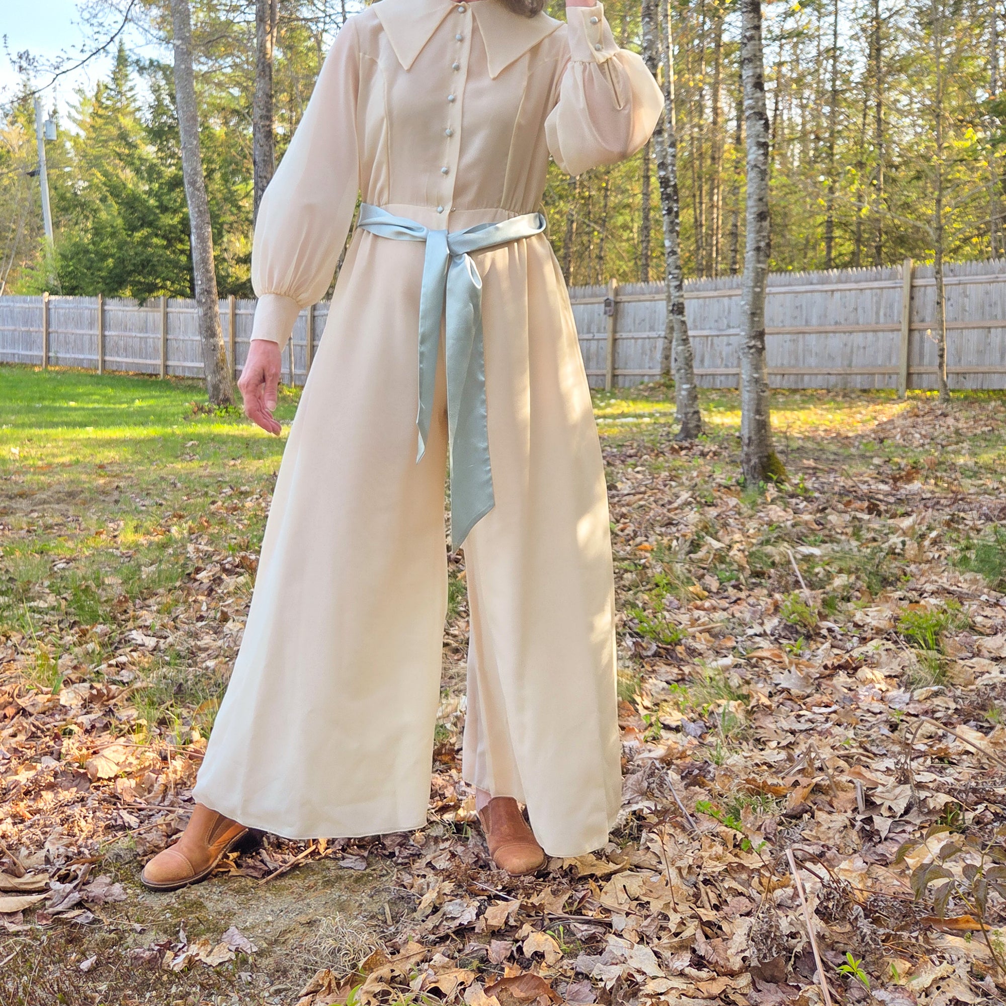 Vintage Early 1970s Christian Dior Jumpsuit – Wide-Leg Sheer Overlay, Satin Belt