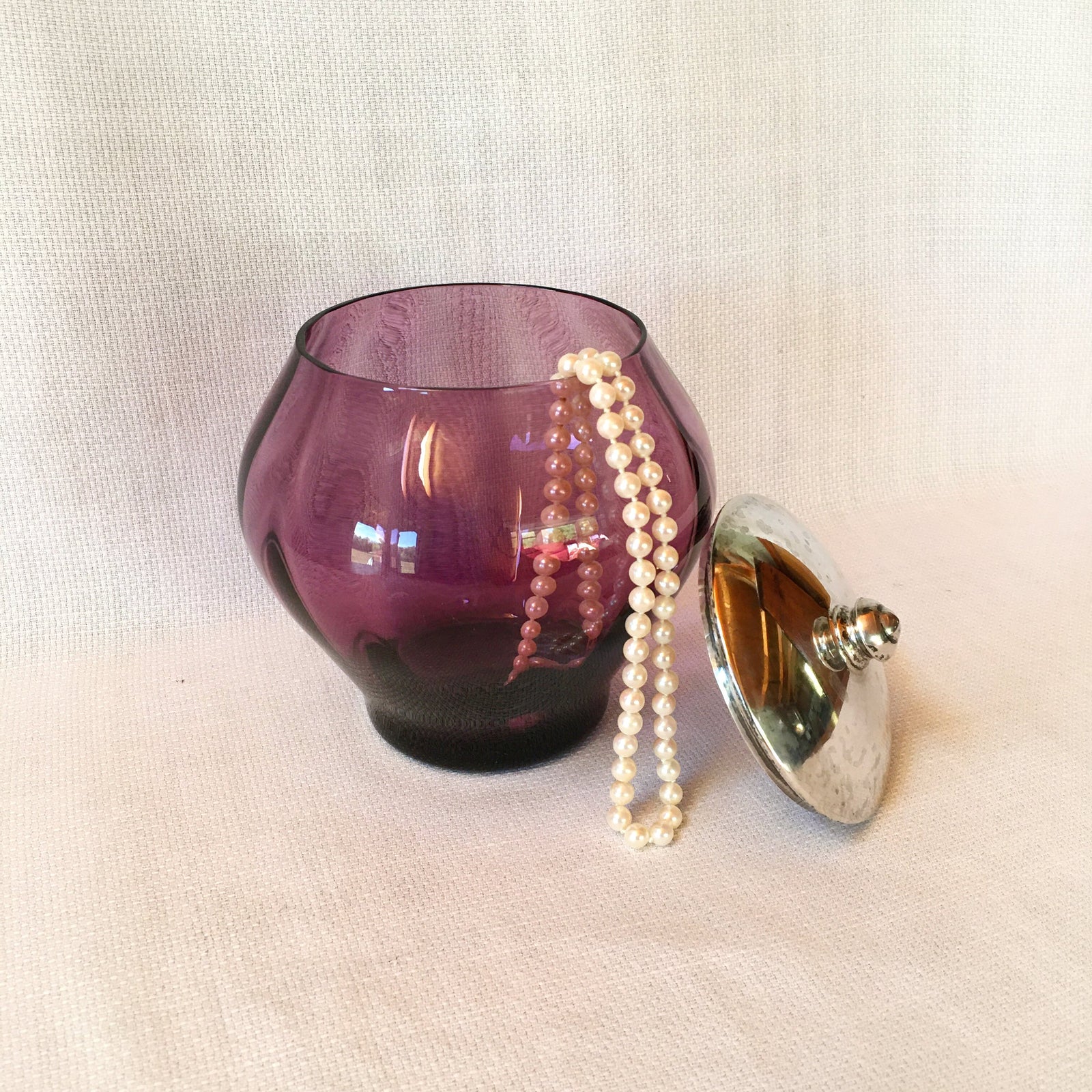 Antique Vanity Jar: Webster Sterling Silver Lid, Amethyst Glass, Early Art Deco