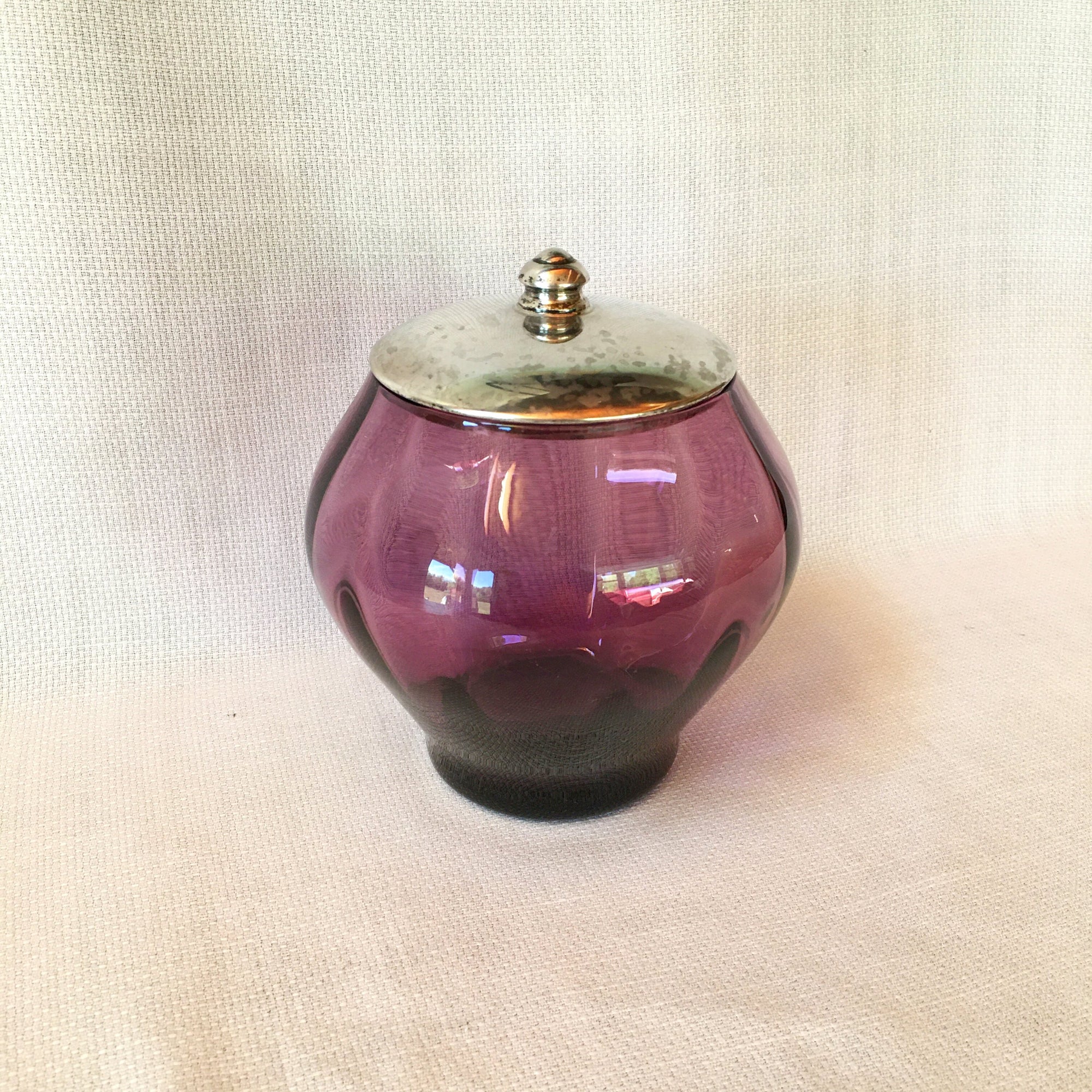 Antique Vanity Jar: Webster Sterling Silver Lid, Amethyst Glass, Early Art Deco