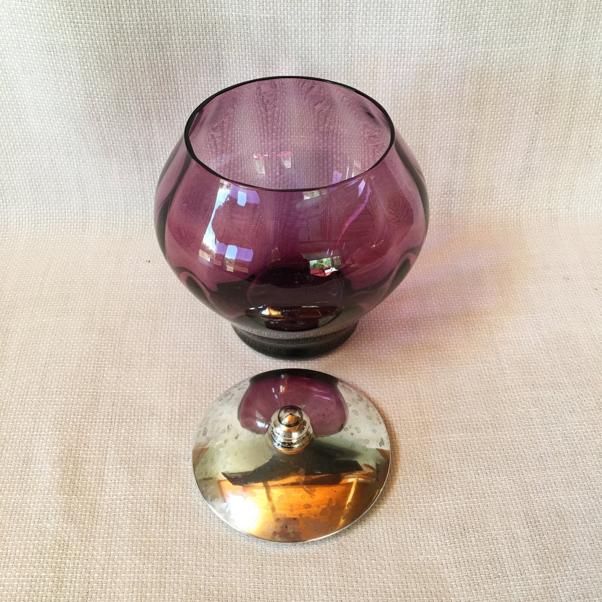 Antique Vanity Jar: Webster Sterling Silver Lid, Amethyst Glass, Early Art Deco
