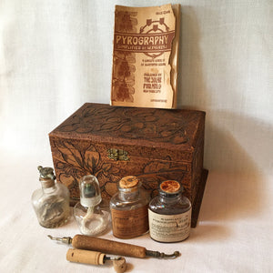 Antique 1900's Pyrography Wood Burning Kit, Cherry Design Box with Tools and Bottles
