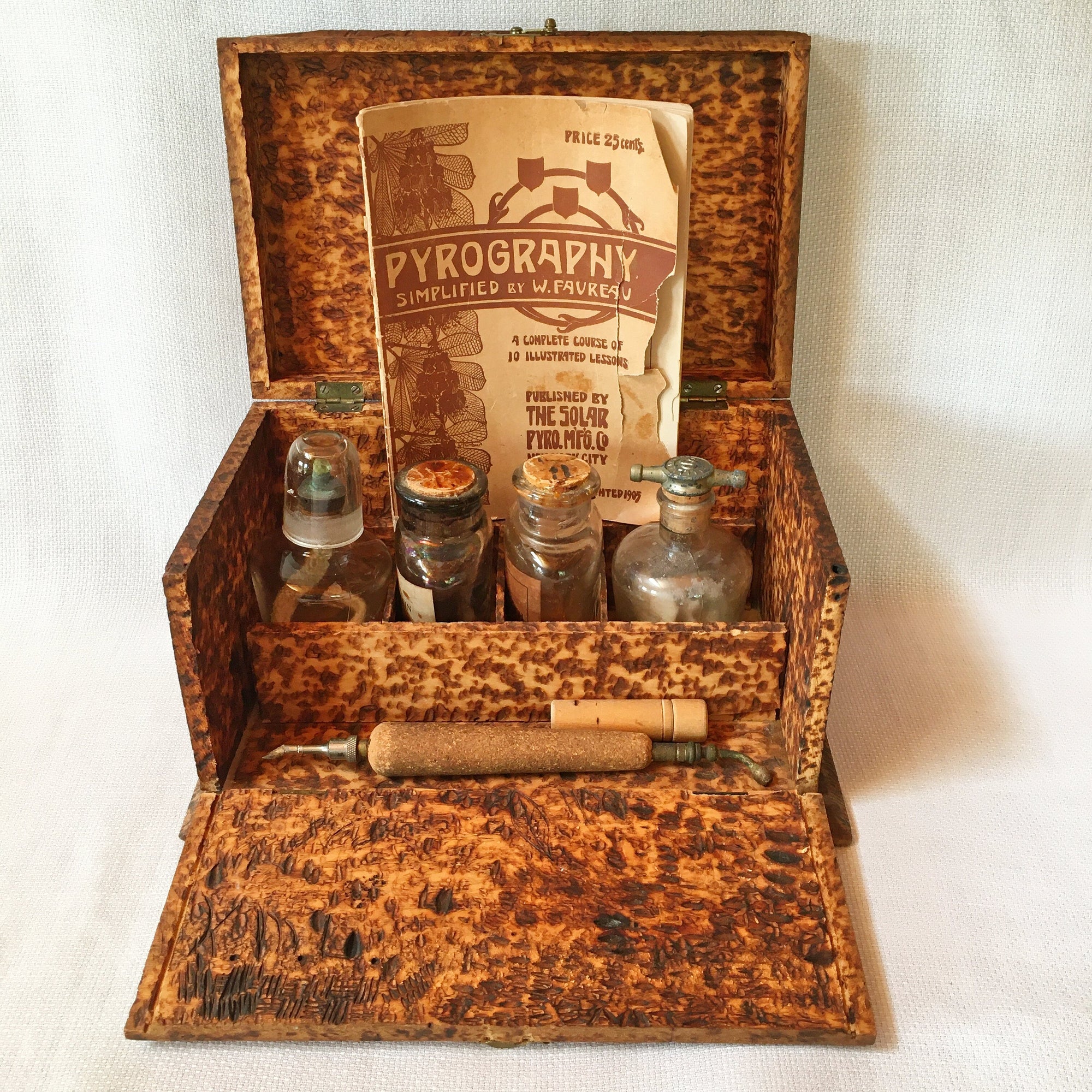Antique 1900's Pyrography Wood Burning Kit, Cherry Design Box with Tools and Bottles