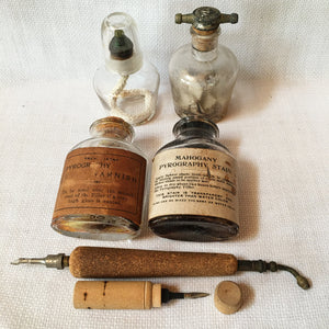 Antique 1900's Pyrography Wood Burning Kit, Cherry Design Box with Tools and Bottles