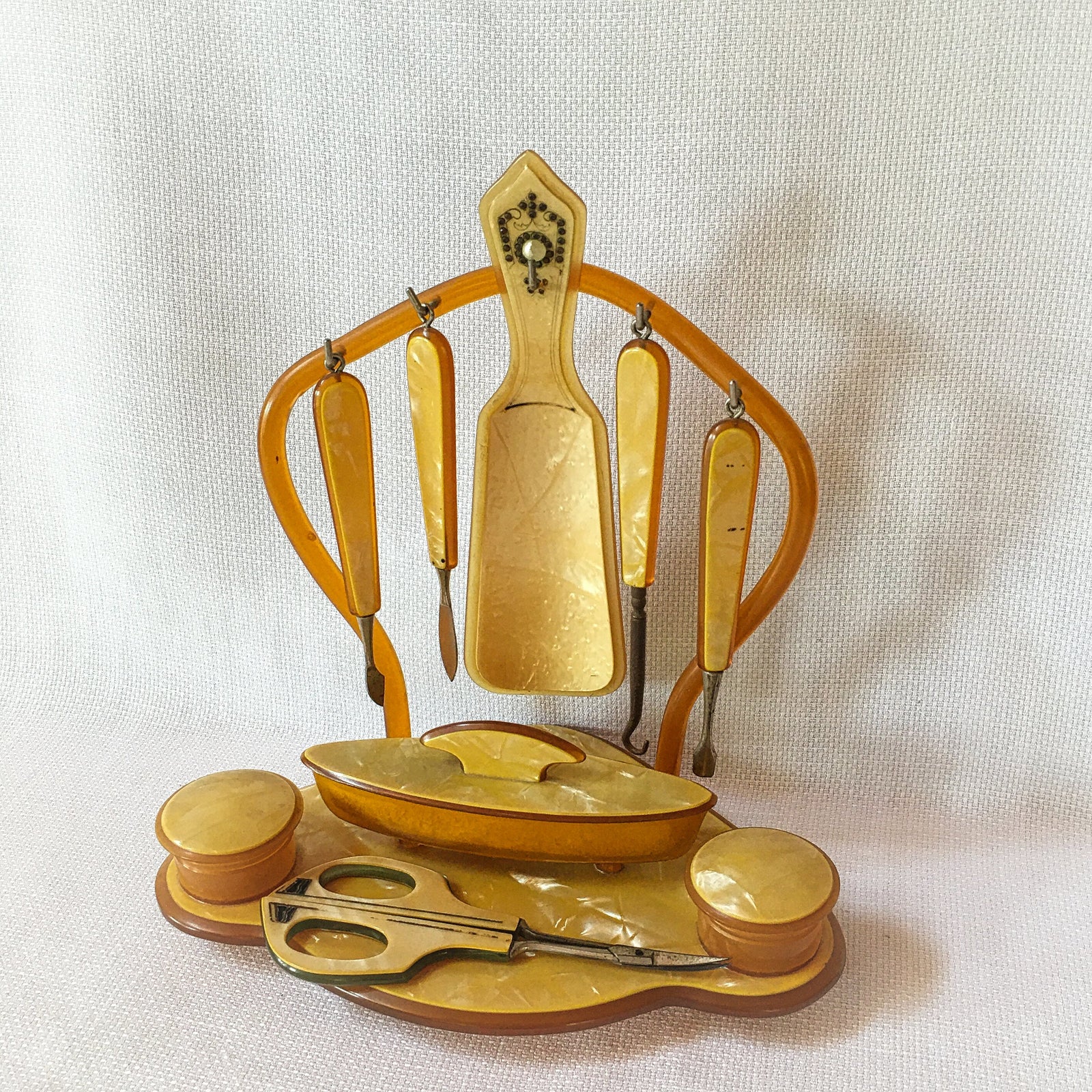 1920s Celluloid Vanity Set, Marbled Butterscotch with Rhinestone Shoe Horn & Pyralin Scissors
