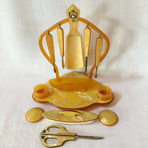 1920s Celluloid Vanity Set, Marbled Butterscotch with Rhinestone Shoe Horn & Pyralin Scissors