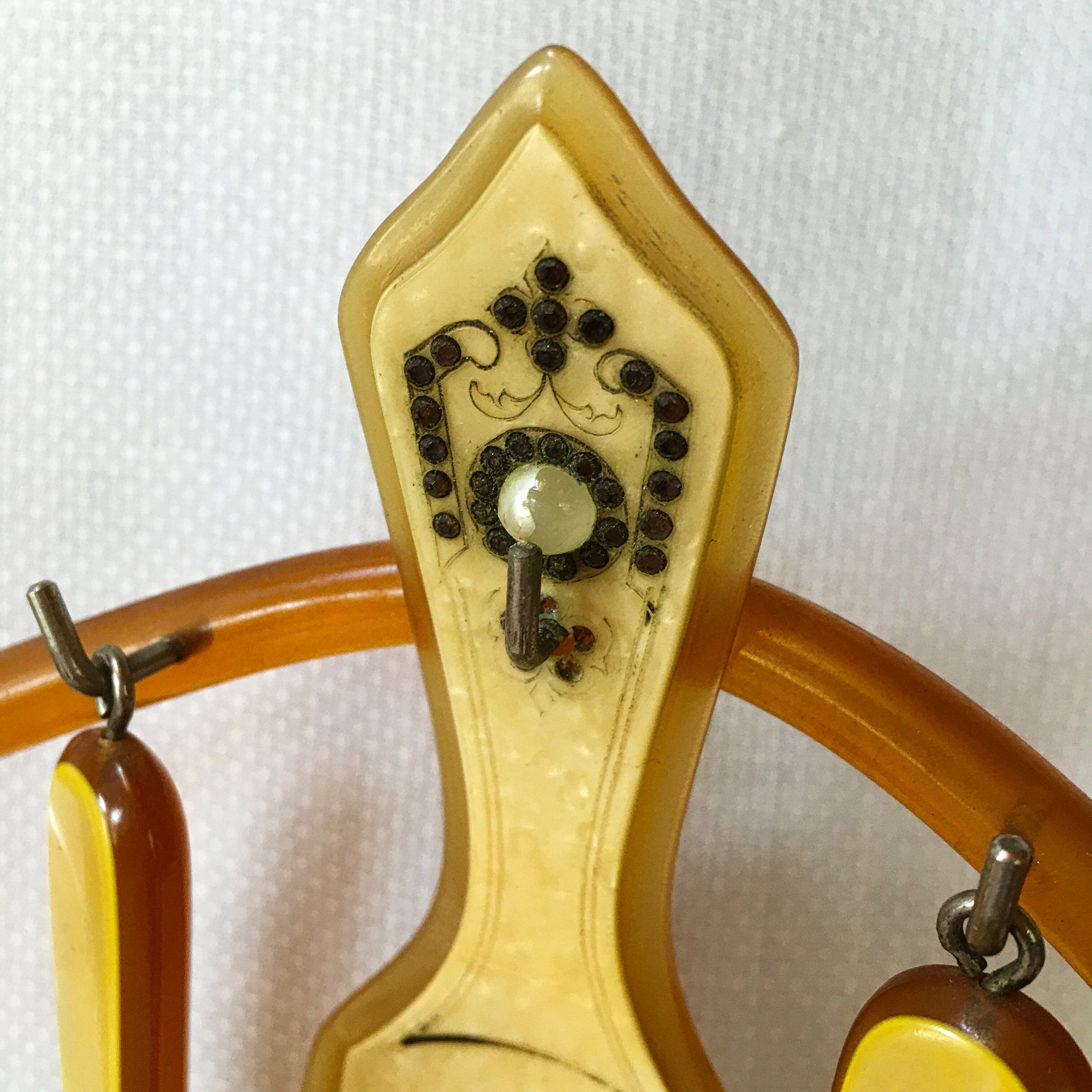 1920s Celluloid Vanity Set, Marbled Butterscotch with Rhinestone Shoe Horn & Pyralin Scissors