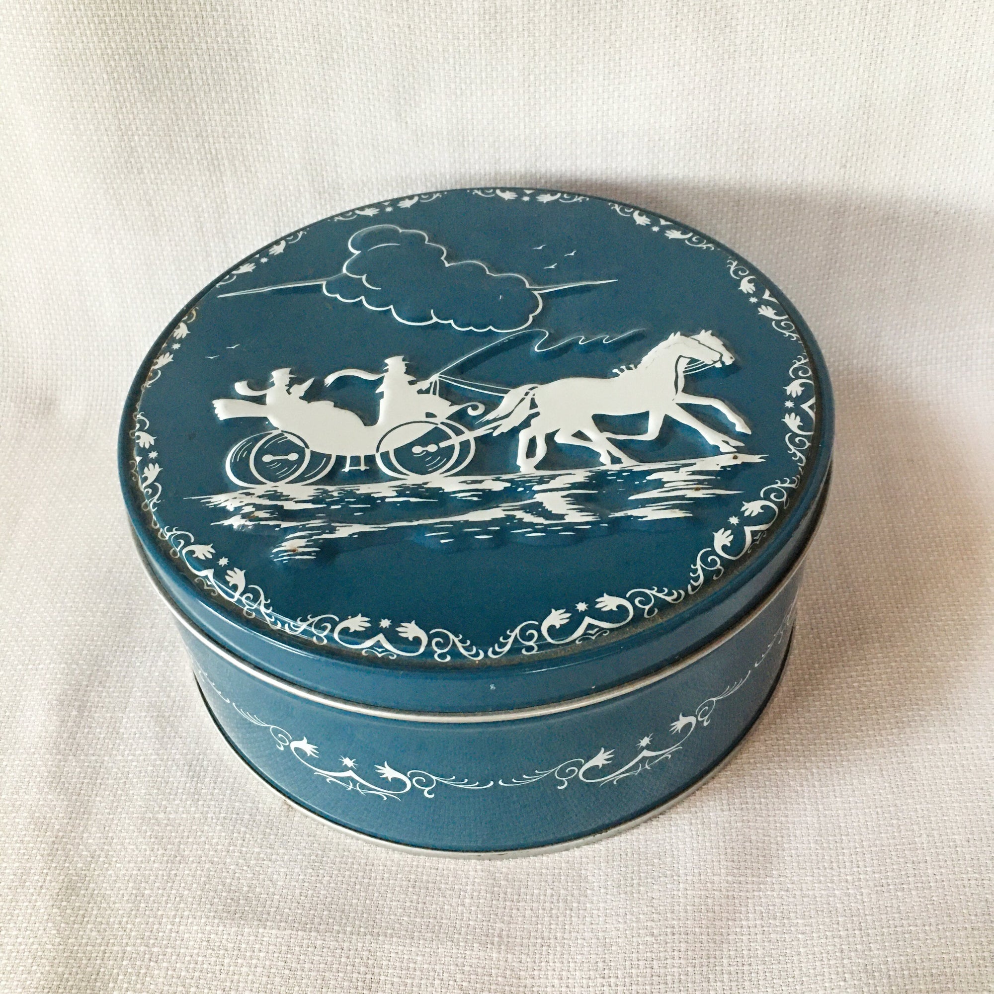 Vintage Button Collection in Blue Tin, Bakelite, Glass, Metal, Shell & More, c. 1930s–1950s