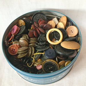 Vintage Button Collection in Blue Tin, Bakelite, Glass, Metal, Shell & More, c. 1930s–1950s