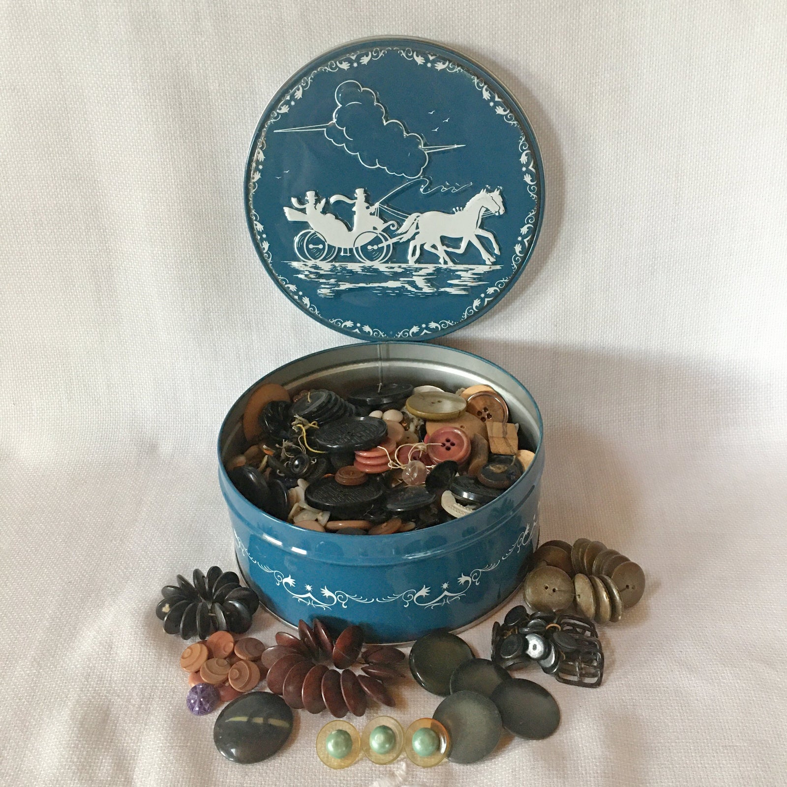 Vintage Button Collection in Blue Tin, Bakelite, Glass, Metal, Shell & More, c. 1930s–1950s