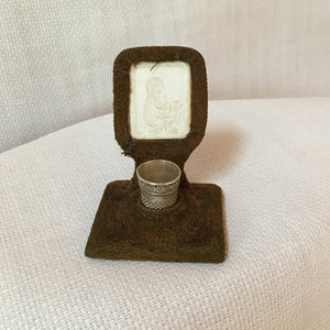 Victorian Velvet Thimble Holder with Lithophane Image and Webster Sterling Thimble
