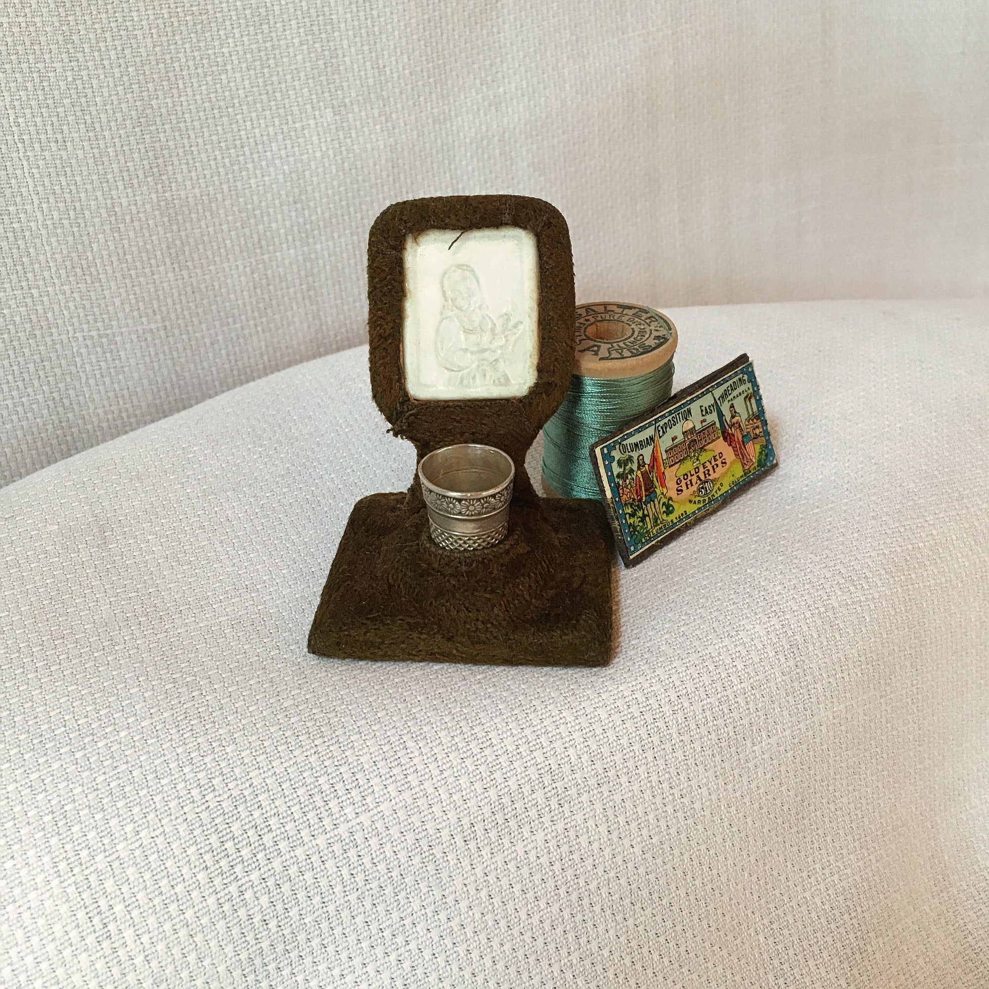 Victorian Velvet Thimble Holder with Lithophane Image and Webster Sterling Thimble