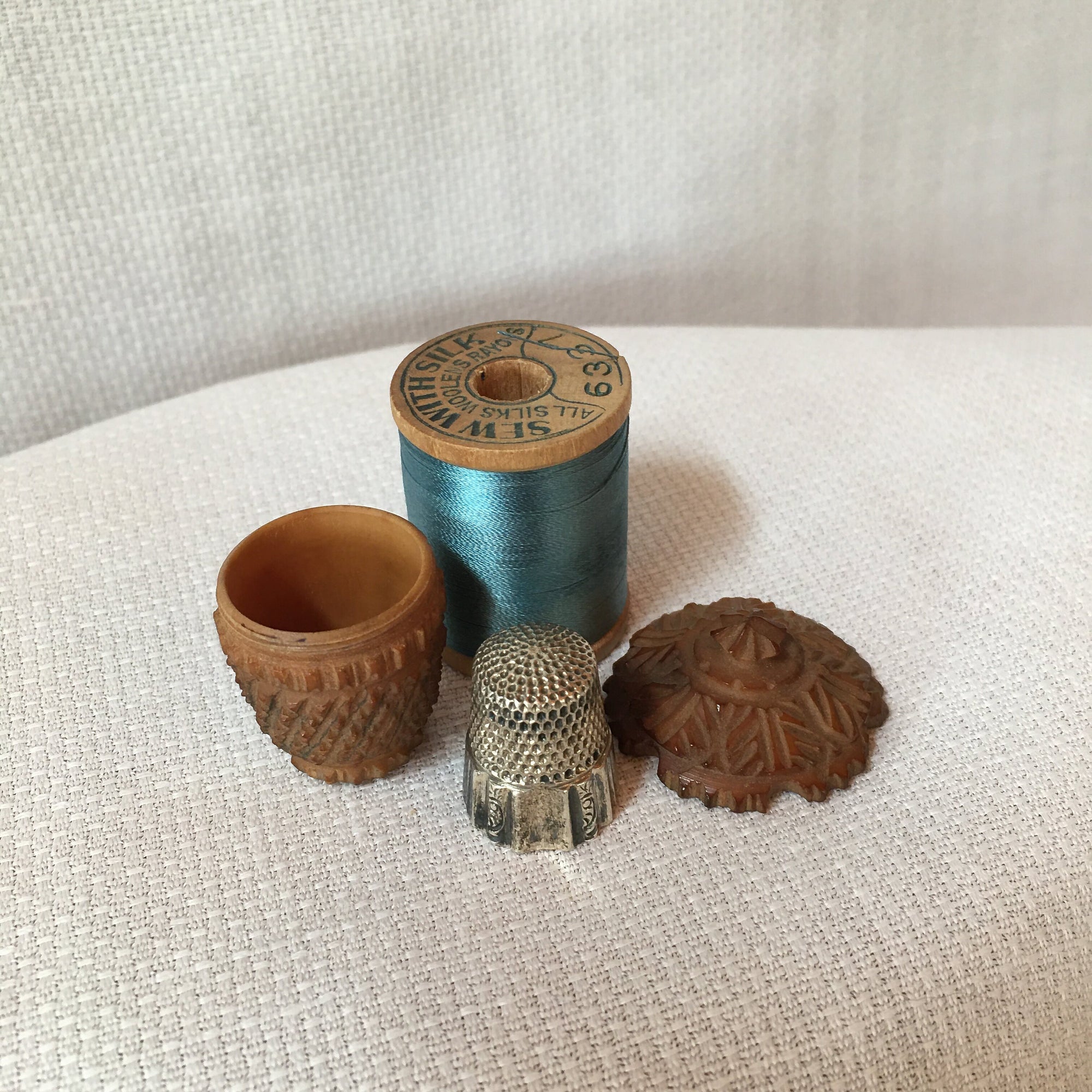Late 1800's Coquilla Nut Thimble Holder with Webster Sterling Thimble