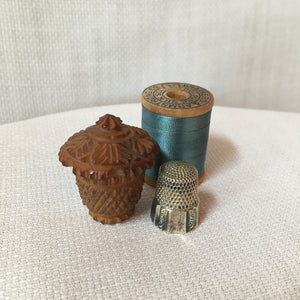 Late 1800's Coquilla Nut Thimble Holder with Webster Sterling Thimble
