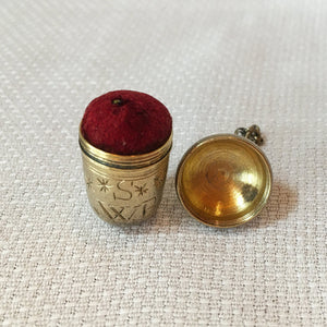 Victorian Era Chatelaine Sewing Thimble with Pin Cushion, Engraved SWB