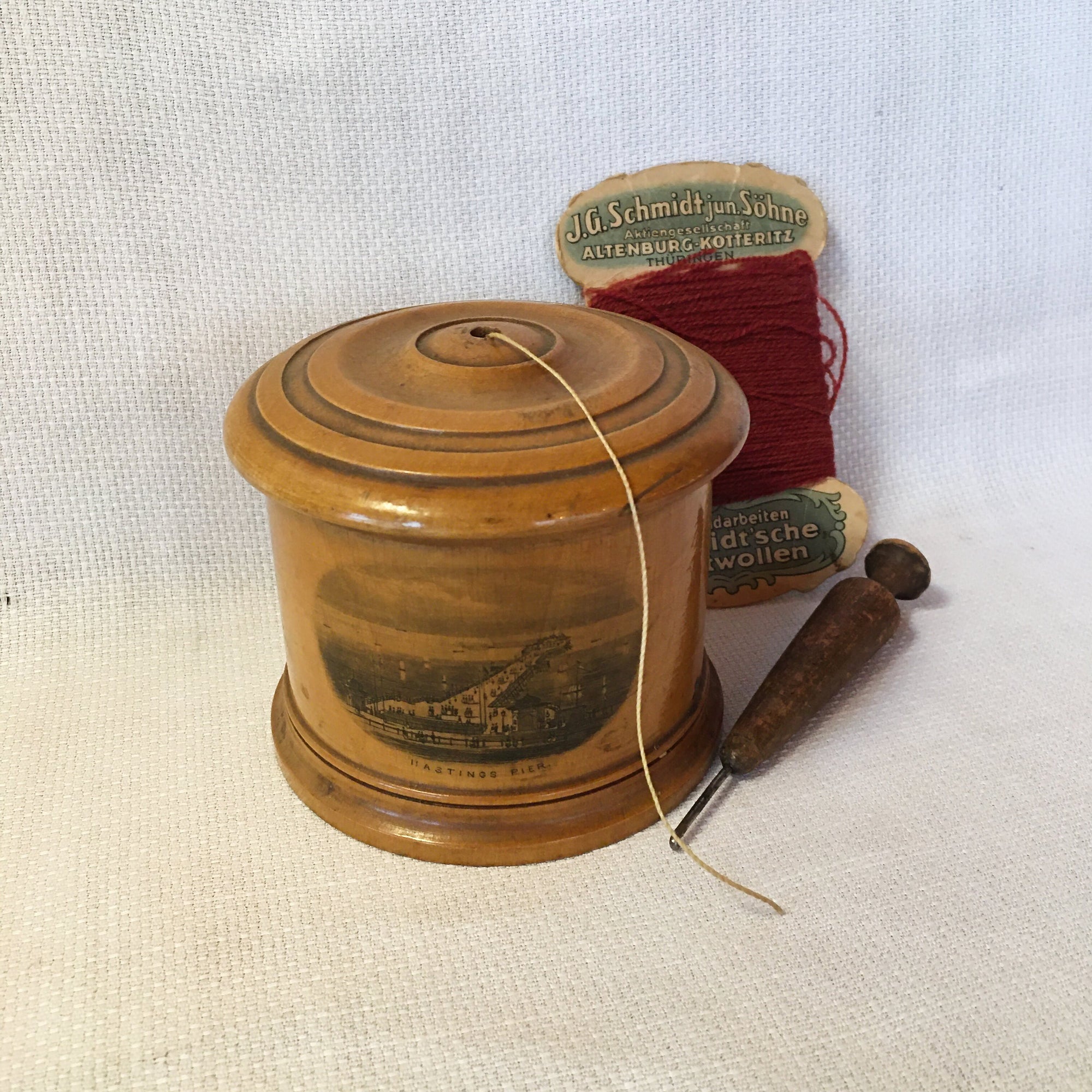 Mauchline Ware String Holder “Hastings Pier” with Thread