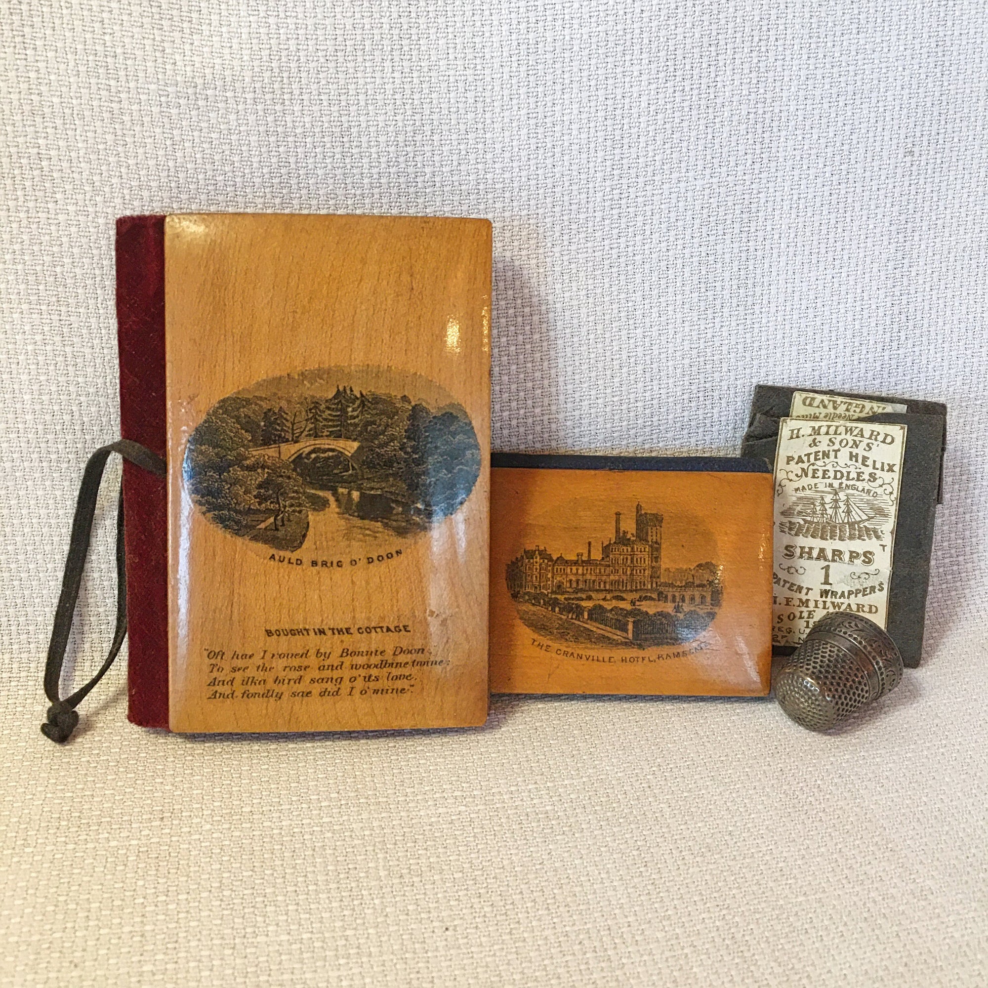 Pair of Mauchline Ware Needle Books “Auld Brig o’ Doon” and “Granville Hotel Ramsgate”