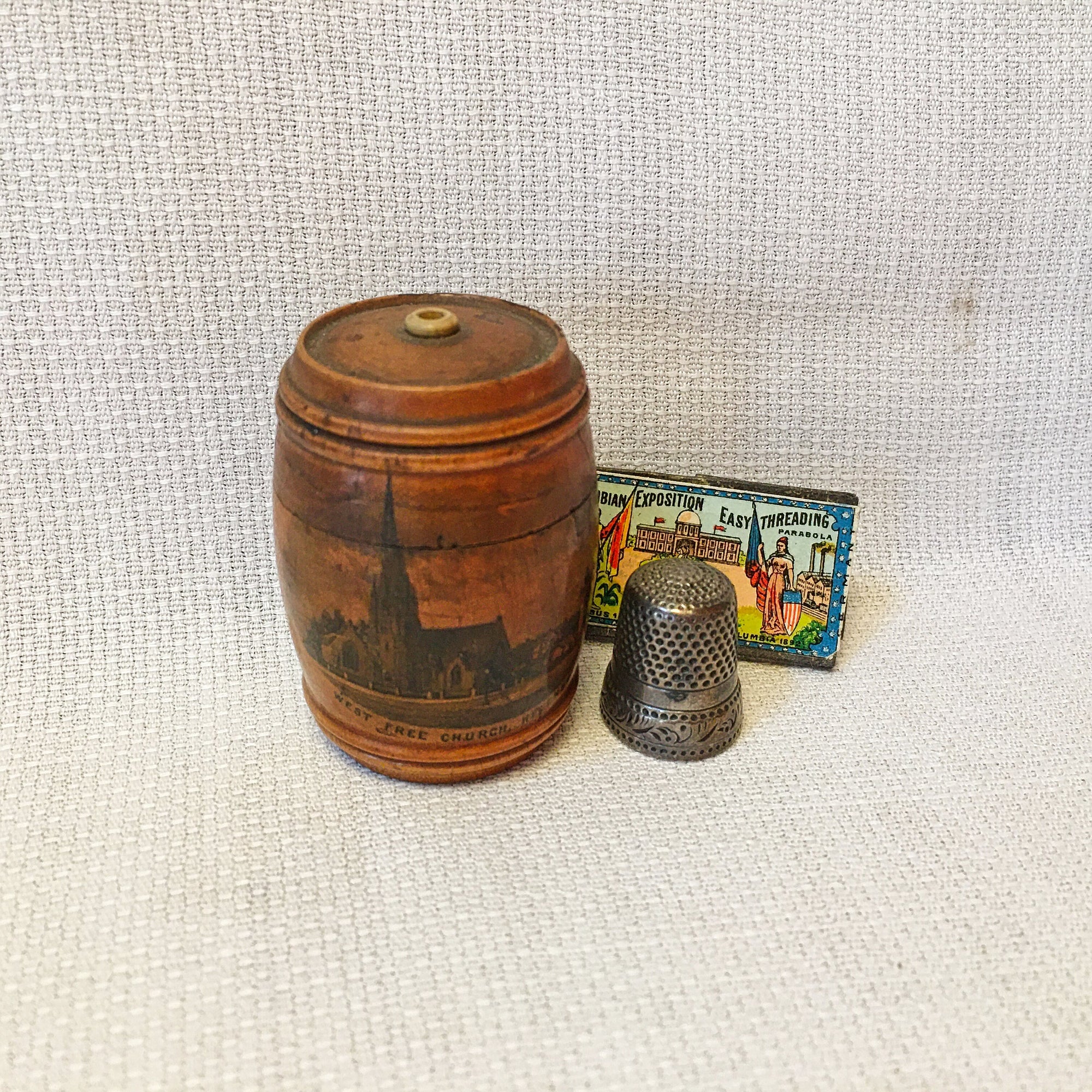 Mauchline Ware Needle Barrel “West Free Church Helensburgh”