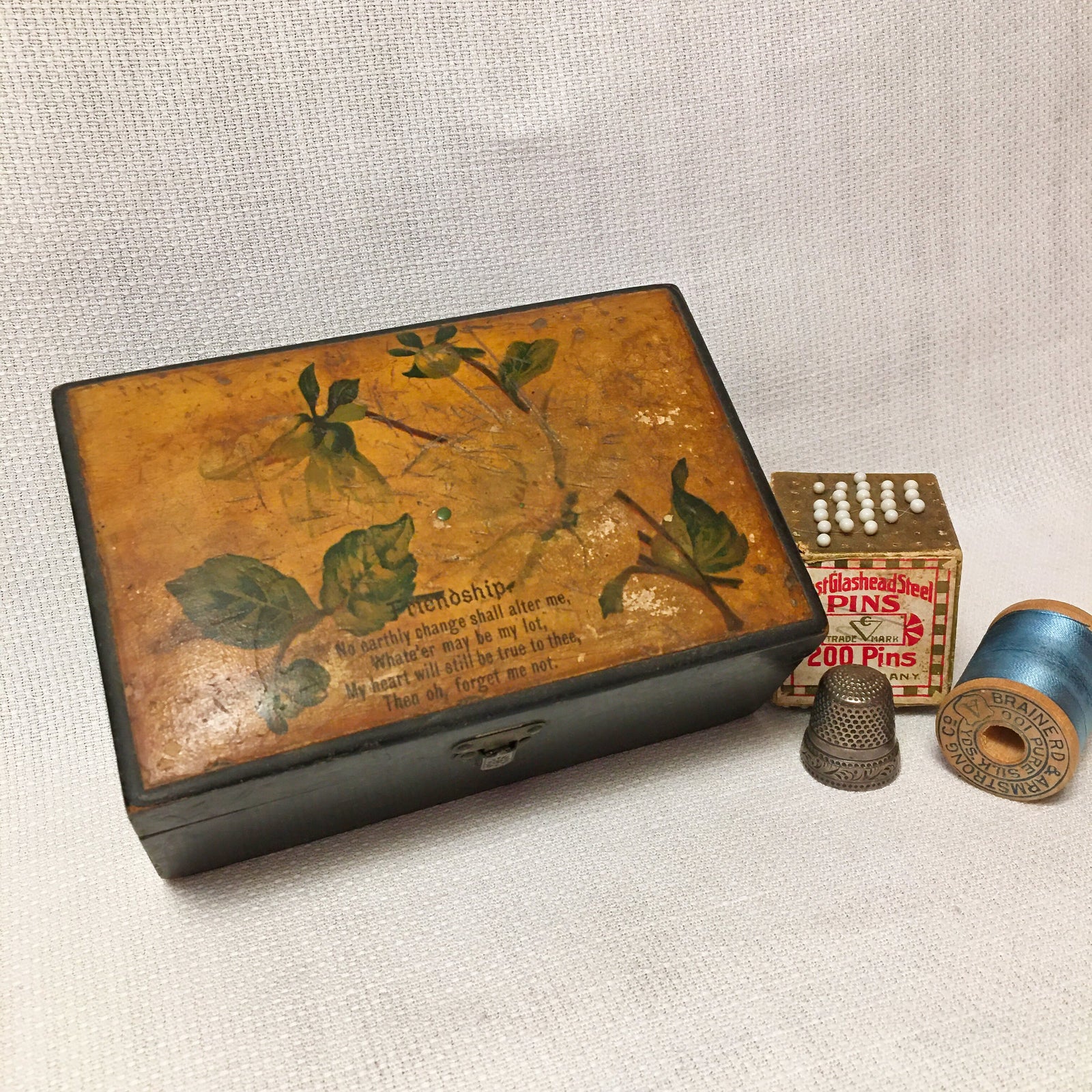 Mauchline Ware Friendship Verse Box, Floral Transfer Lid