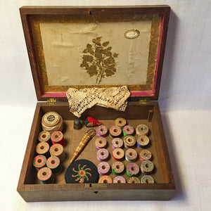 Victorian Wooden Sewing Box with Silk Threads & Tools – c. 1890s