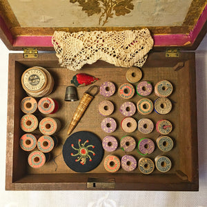 Victorian Wooden Sewing Box with Silk Threads & Tools – c. 1890s