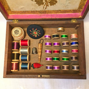 Victorian Wooden Sewing Box with Silk Threads & Tools – c. 1890s
