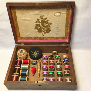 Victorian Wooden Sewing Box with Silk Threads & Tools – c. 1890s