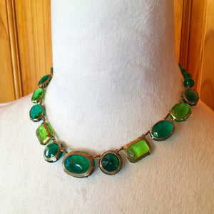 Vintage 1940's - 1950's Green Glass Stone Necklace Possible Sterling Settings