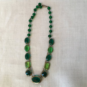 Vintage 1940's - 1950's Green Glass Stone Necklace Possible Sterling Settings