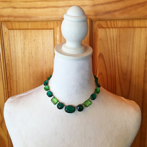 Vintage 1940's - 1950's Green Glass Stone Necklace Possible Sterling Settings