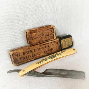 Antique H. Boker & Co Straight Razor with Original Box, Silver Inlay Handle