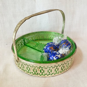 Antique Uranium Glass Divided Candy Dish with Silver Tone Basket, Swing Handle