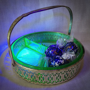 Antique Uranium Glass Divided Candy Dish with Silver Tone Basket, Swing Handle