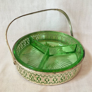 Antique Uranium Glass Divided Candy Dish with Silver Tone Basket, Swing Handle