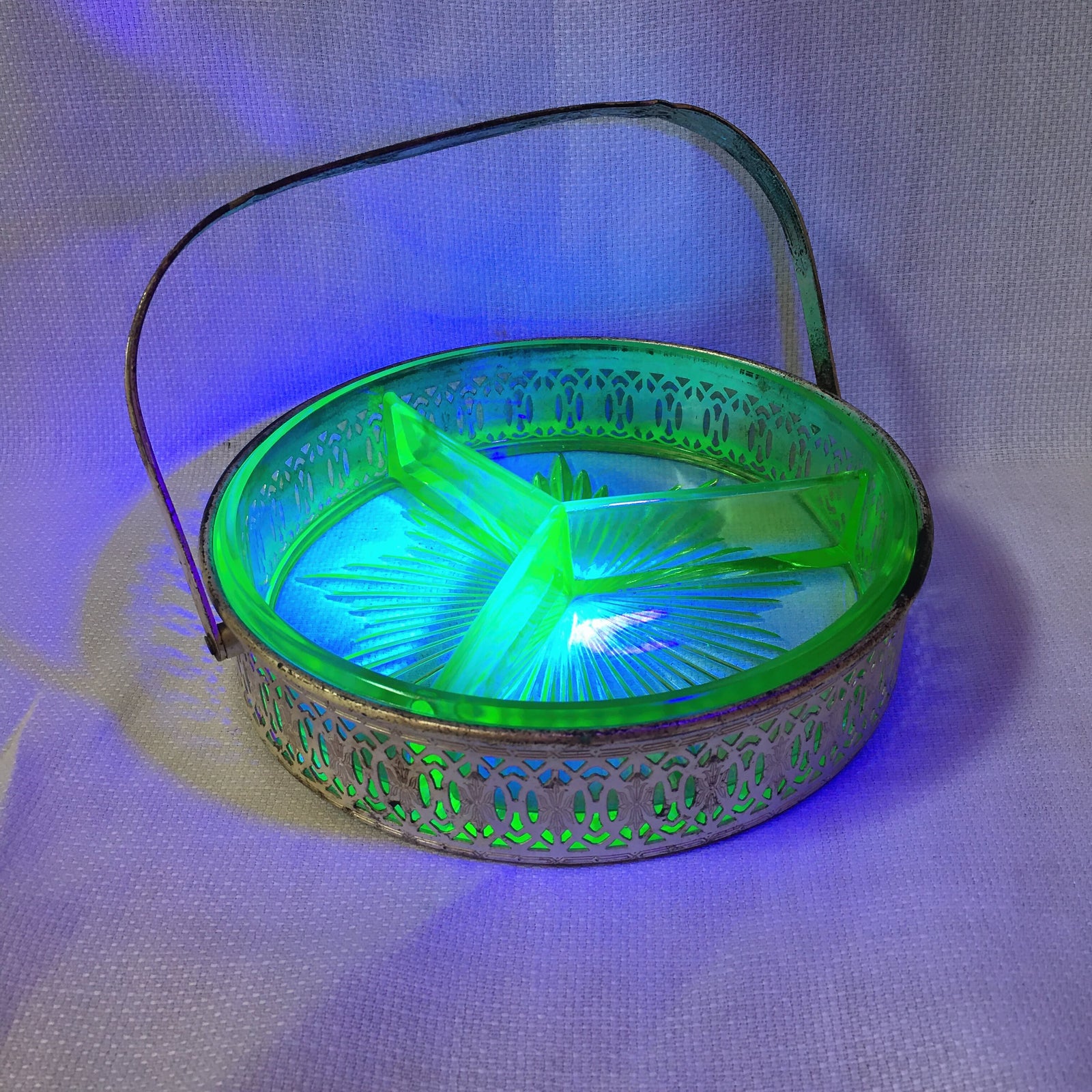Antique Uranium Glass Divided Candy Dish with Silver Tone Basket, Swing Handle