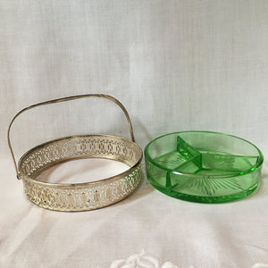 Antique Uranium Glass Divided Candy Dish with Silver Tone Basket, Swing Handle
