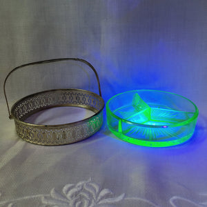 Antique Uranium Glass Divided Candy Dish with Silver Tone Basket, Swing Handle