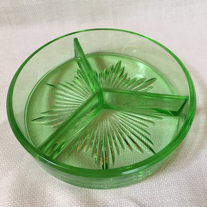 Antique Uranium Glass Divided Candy Dish with Silver Tone Basket, Swing Handle