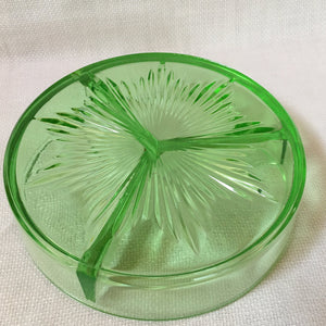 Antique Uranium Glass Divided Candy Dish with Silver Tone Basket, Swing Handle