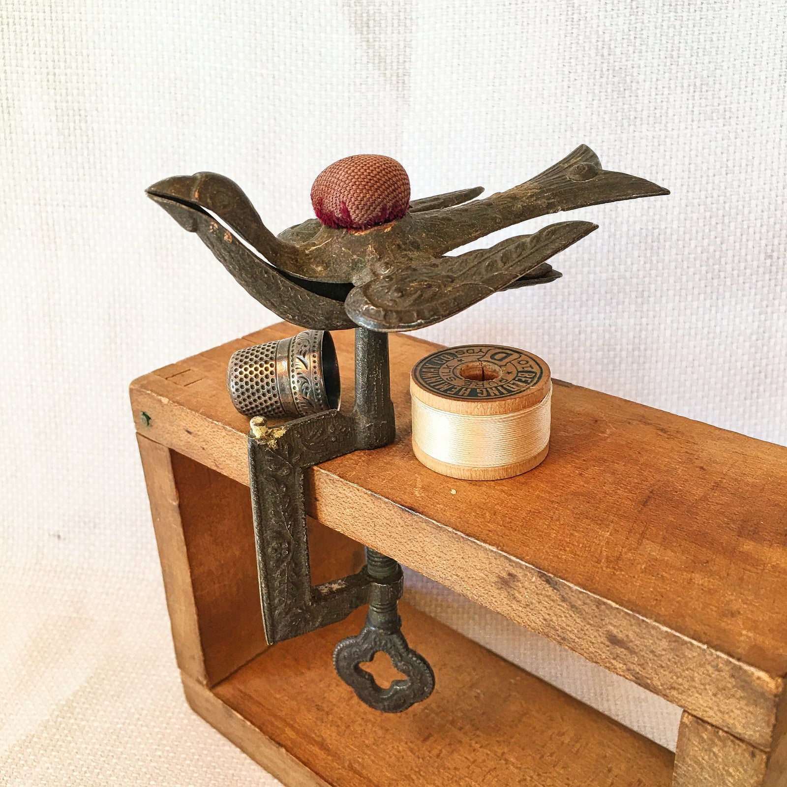 Victorian Sewing Bird Clamp with Original Pin Cushion