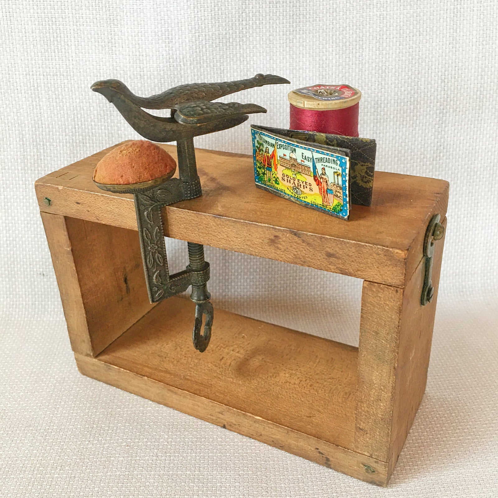 Small Victorian Sewing Bird Clamp with Original Velvet Pin Cushion