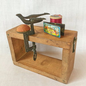Small Victorian Sewing Bird Clamp with Original Velvet Pin Cushion