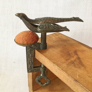 Small Victorian Sewing Bird Clamp with Original Velvet Pin Cushion