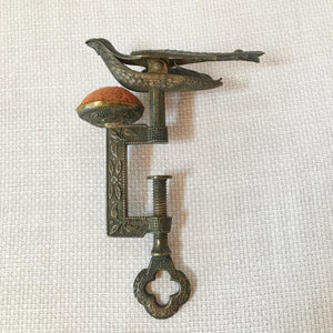 Small Victorian Sewing Bird Clamp with Original Velvet Pin Cushion