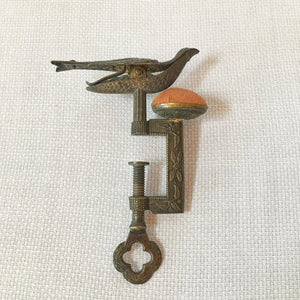 Small Victorian Sewing Bird Clamp with Original Velvet Pin Cushion