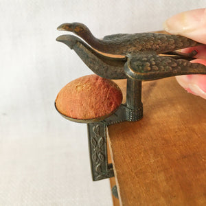 Small Victorian Sewing Bird Clamp with Original Velvet Pin Cushion