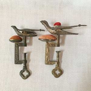 Small Victorian Sewing Bird Clamp with Original Velvet Pin Cushion