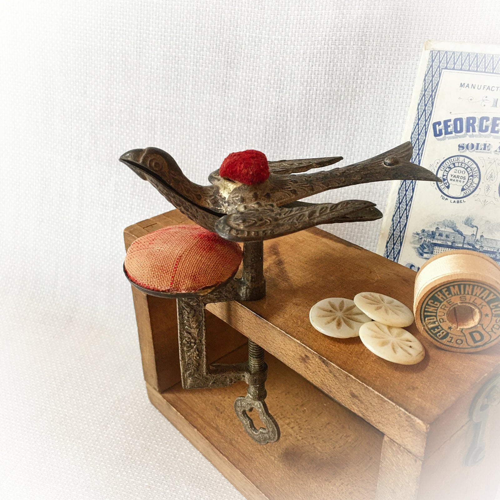 Victorian Silver Tone Sewing Bird Clamp with Original Pin Cushion