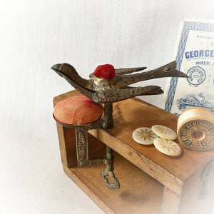 Victorian Silver Tone Sewing Bird Clamp with Original Pin Cushion