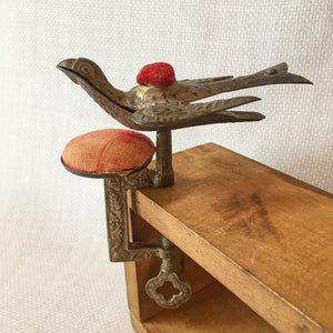 Victorian Silver Tone Sewing Bird Clamp with Original Pin Cushion