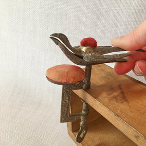 Victorian Silver Tone Sewing Bird Clamp with Original Pin Cushion